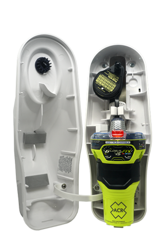 ACR GlobalFix V5 (RLB-44) EPIRB Cat. I — widok z przodu w uchwycie float-free (hydrostat)