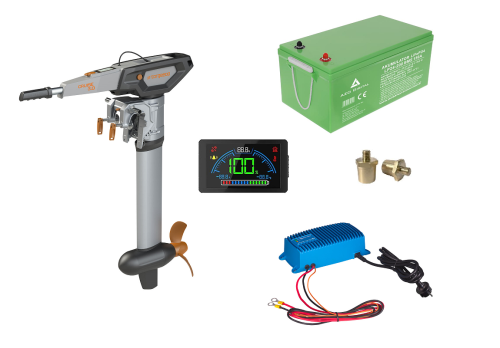 Zaburtowy silnik elektryczny Torqeedo Cruise 3.0T - 3kW - kompletny zestaw z baterią LiFePo4 24V 200Ah - ładowarką IP67 Victron Energy 12A, monitorem stanu akumulatora i słupkami pod klemy