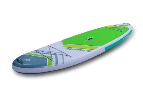 Gladiator Origin 10.8 SC – deska SUP z zielonym padem EVA, dwa bagażniki z linkami i centralny uchwyt do noszenia