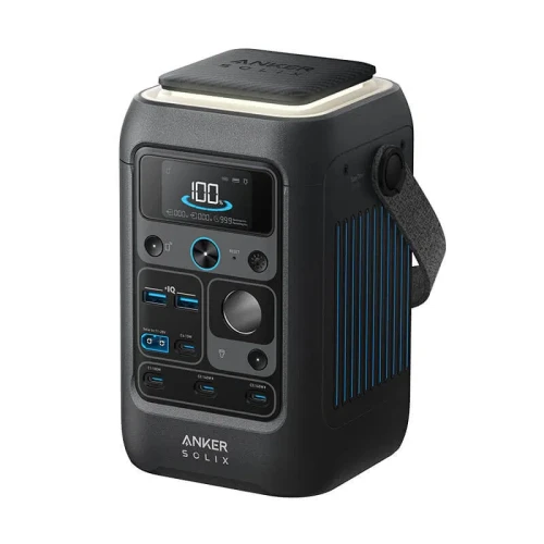 Anker SOLIX C300X DC 288Wh 300W – stacja zasilania bez 230V, ujęcie 3/4 z przodu z panelem USB i paskiem