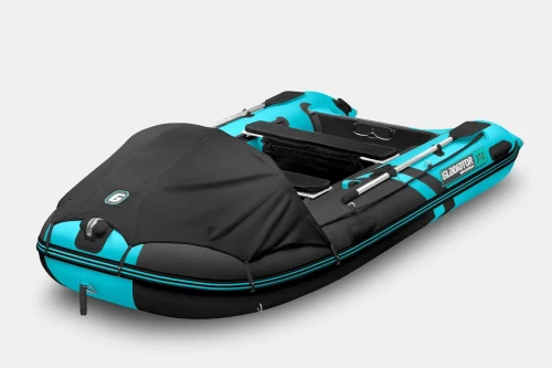 ponton Gladiator Active C370 AL czarno-turkusowy z markizą ujęcie z przodu po skosie