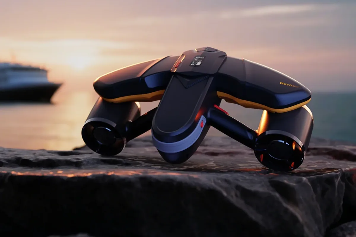 Skuter nurkowy Navbow+ wizualizacja - skuter na skale na tle morza i promu