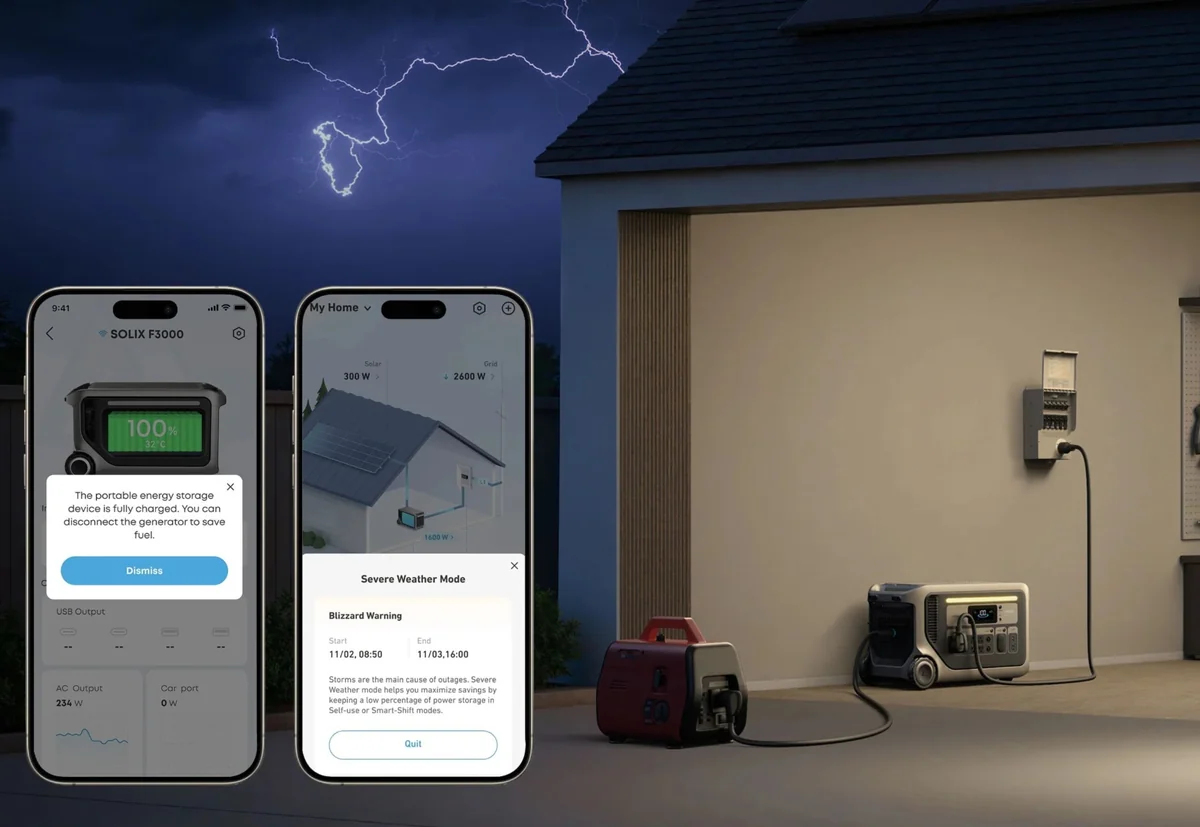 Anker Solix F3000 współpracujący z generatorem spalinowym i aplikacją mobilną jako awaryjne zasilanie domu