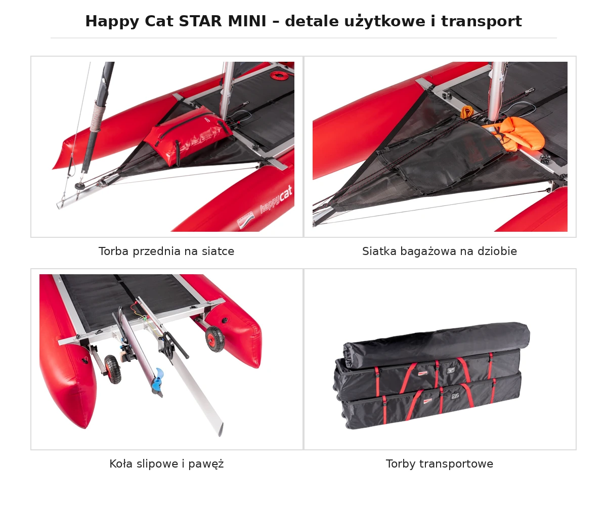 Happy Cat STAR MINI – zestawienie akcesoriów: przedni pokład, torba bagażowa, koła slipowe, pawęż i pokrowce